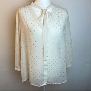 ELLE Ivory Gold Sheer Tie Neck Long Sleeve Button Down Blouse Women’s Size Large